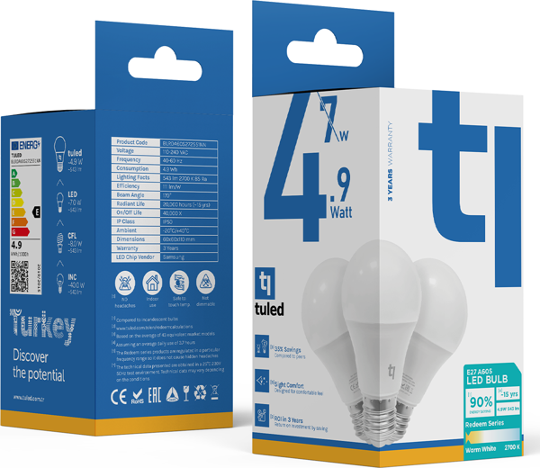 Tuled Redeem A60S E27 LED Ampul, Titreşimsiz, Göz Konforu, Tekli, Sıcak Beyaz, 2700 Kelvin - Image 1