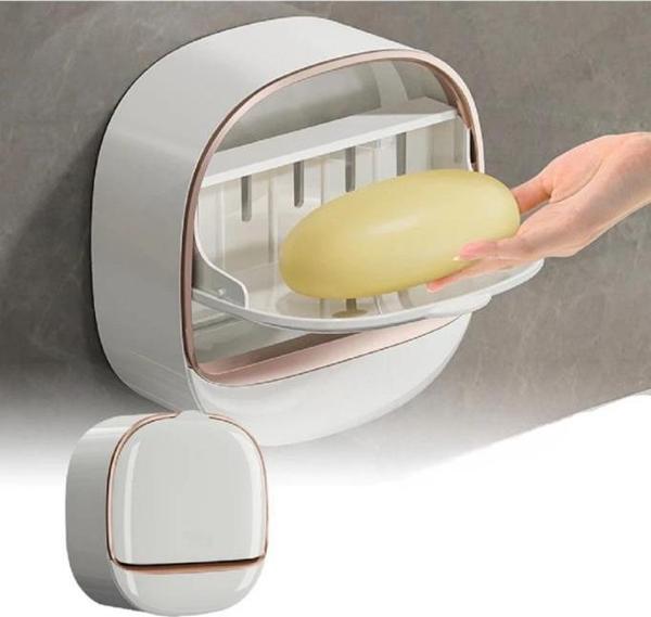 Kapaklı Oval Sabunluk Yapışkanlı Duvara Monte Banyo Mutfak Süngerlik Su Tutmaz Sabun Kutusu - Image 1
