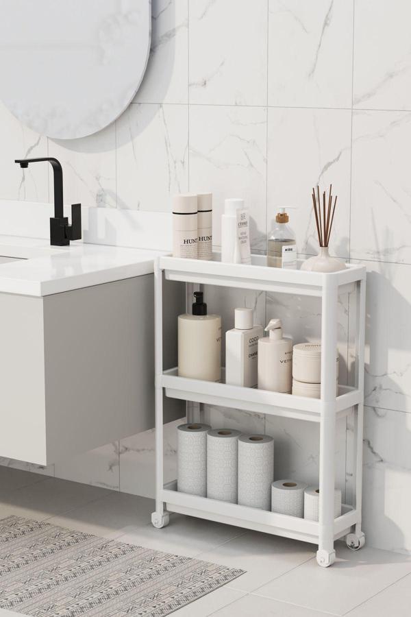 Tekerlekli Raf Ünitesi 3 Katlı Beyaz Banyo Rafı Mutfak Rafı Servis Sehpası Organizer(PEGGYBEYAZ) - Image 1