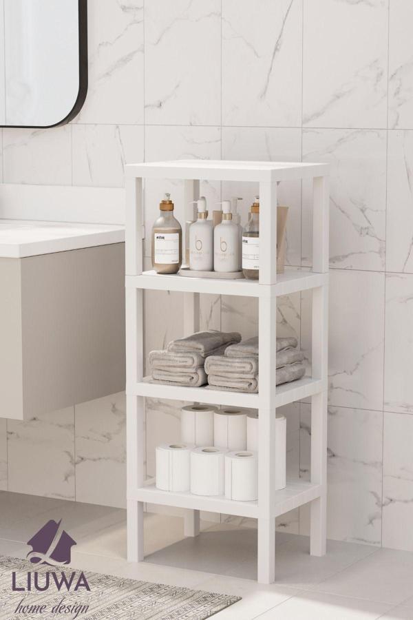Vesken Ombeg 4 Katlı Ahşap Görünümlü Plastik Raf Ünitesi Banyo Mutfak Rafı Salon Organizeri(BEYAZ) - Image 1