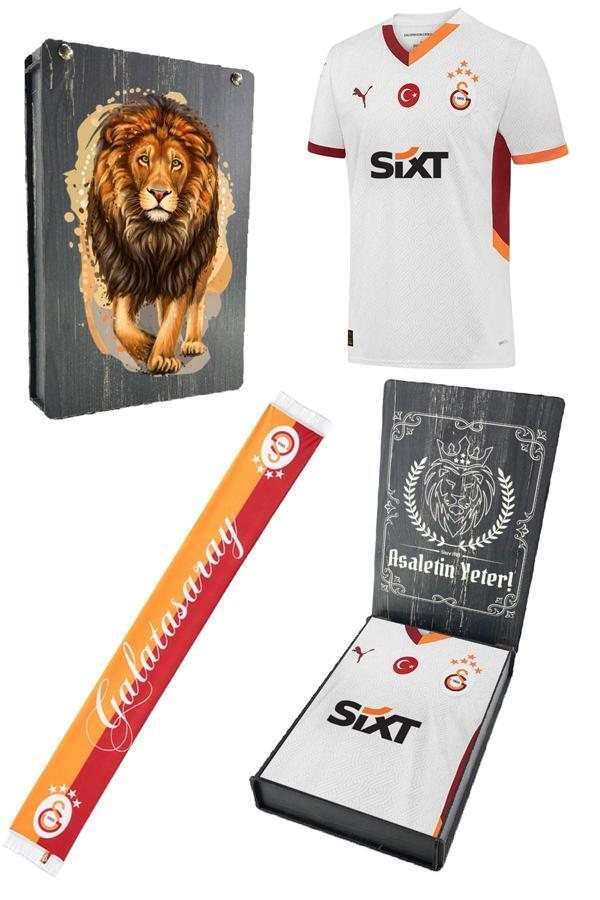 Galatasaray Orijinal Lisanslı 2024/25 5 Yıldızlı Beyaz Deplasman Forma + Şal Kaşkol Set ahşap Kutu - Image 1