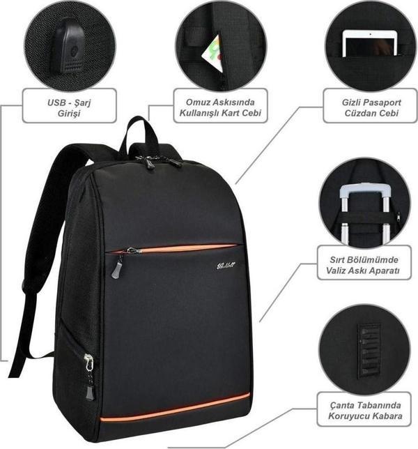 Siyah Smart Bag Gizli Usb Şarj Girişli Akıllı Sırt Çantası (3050) - Image 1