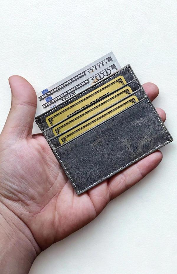 Gri Hakiki Crazy Deri Unisex Kredi Kartlık Ultra ince Minimal Tasarım İpeksi Doku - Image 1