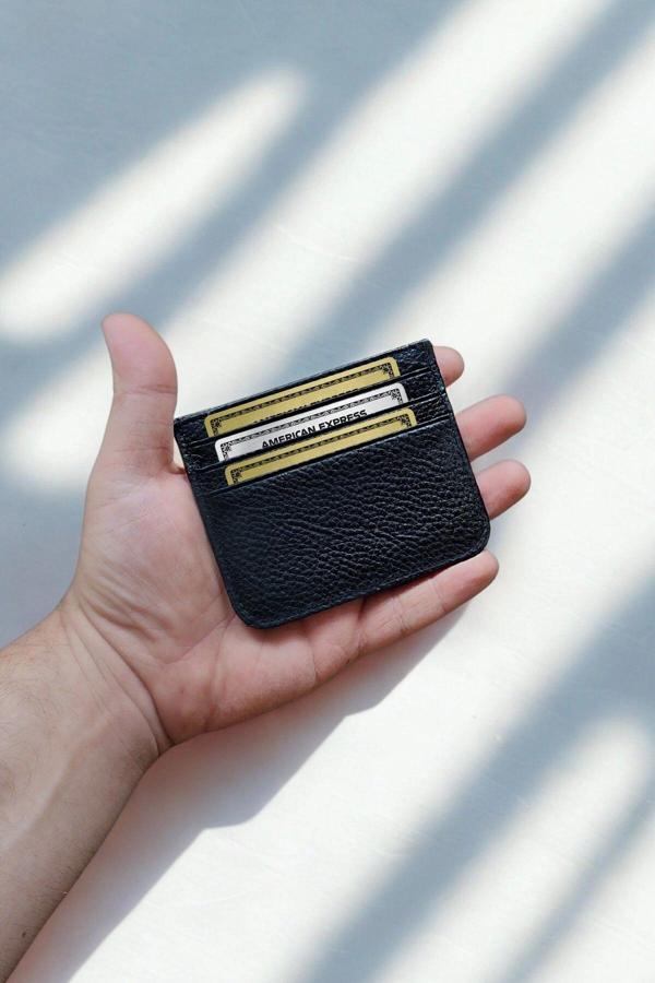 % 100 Hakiki Deri Klasik Ultra Ince Unisex Siyah Kartlık - Image 1