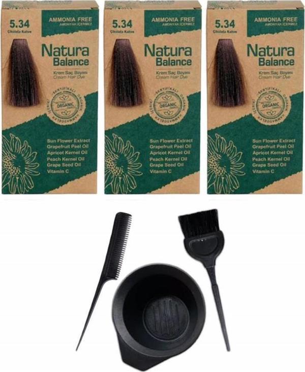 NATURA BALANCE SAÇ BOYASI 5.34 ÇİKOLATA 3 ADET+SAÇ BOYAMA SETİ - Image 1