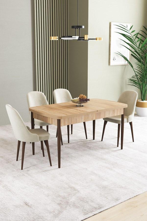 Ikon Meşe Desen 80x132 Açılabilir Mdf Masa Yemek Odası Takımı, Mutfak Takımı 4 Adet Sandalye - Image 1