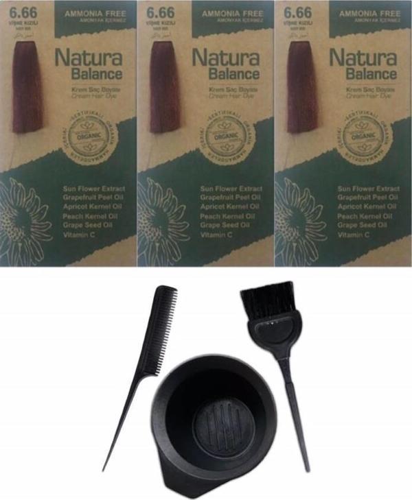 NATURA BALANCE SAÇ BOYASI 6.66 VİŞNE KIZILI 3 ADET+SAÇ BOYAMA SETİ - Image 1