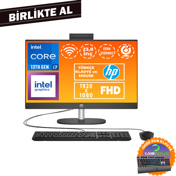 HP ProOne 240 G10 i7-1355U 32GB 512GB SSD 23.8" FHD W11P + Gaming Klavye B6JC8ES 045 - Image 1