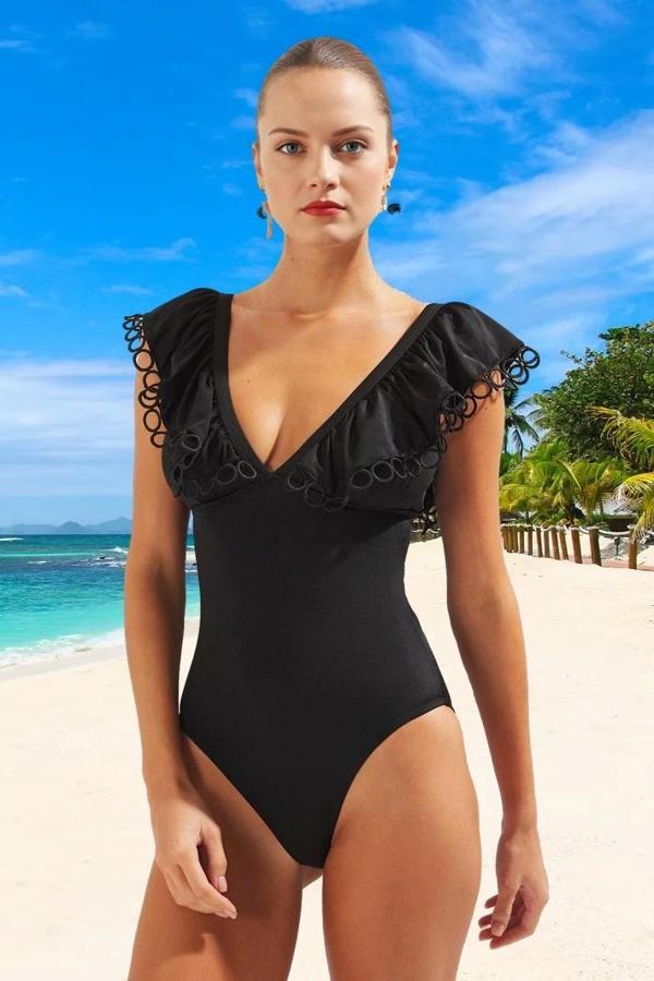Volanlı V Yaka Mayo Swimsuit Esnek Kumaş Havuz Mayosu Plaj Klora Dayanıklı - Image 1