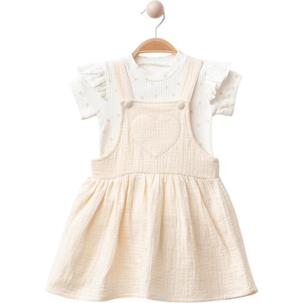 Kalp Nakışlı Tshirt Muslin Elbise Bej - Image 1