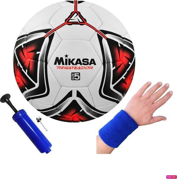 Mikasa Regateador Sentetik Deri Halı Saha Futbol Topu 5 Numara El Dikişli + Pompa + Havlu Bileklik - Image 1