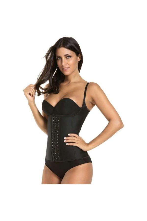 Genç Plus Kadın Siyah Latex Korse Askılı Celik Balenli 3 Kademeli Agraflı Sekillendirici Lateks Bel Korsesi - Image 1