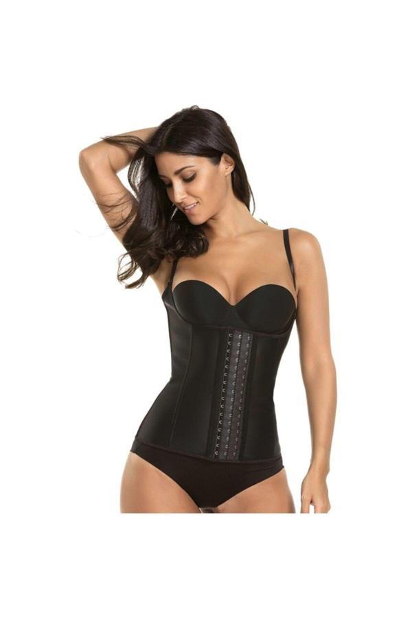Sweet&Sweat Kadın Siyahlatex Korse Askılı C?Elik Balenli S?Ekillendirici 3 Kademeli Agraflı Lateks Bel Korsesi - Image 1