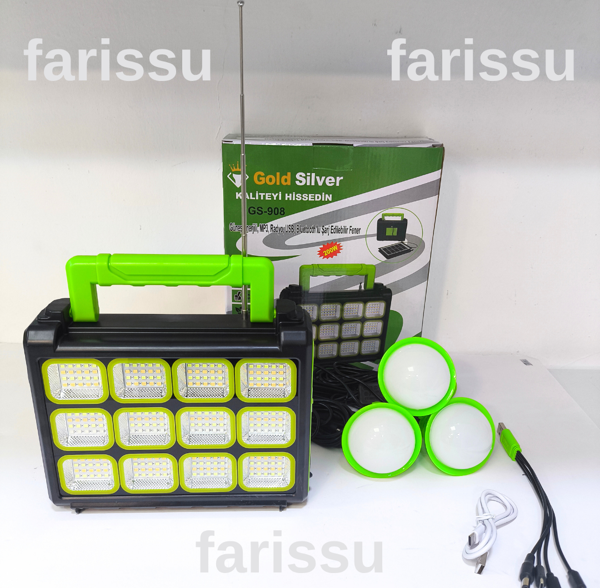 Gold Silver GS-908 200W Güneş Enerjili Şarjlı Fener - Bluetooth, USB, Radyo ve MP3 Özellikli - Image 1