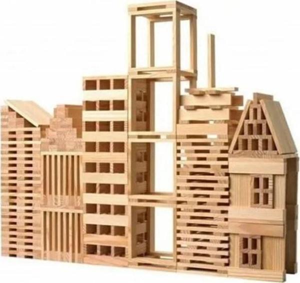 200 Parça Ahşap Yapı Blokları Wood City Blocks Doğal Ahşap Eğitici Oyuncak - Image 1