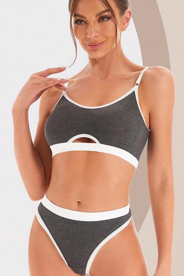 Kadın Gri Antrasit Kaşkorse ve Beyaz Lastikli Cut-Out Tanga Külotlu Takım - Image 1
