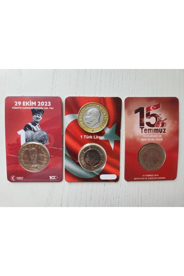 Edi Antik 3''Lü Hatıra 1 Lira Ve 5 Lira Para Kiti Seti, 29 Ekim, 15 Temmuz, 2023 1 Lira"Çil" - Image 1