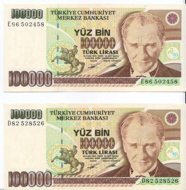 Edi Antik 7. Emisyon 100.000 Lira Kağıt Para Çil Ve Çil Altı Kondisyon 2 Adet Görseldeki Ürün - Image 1