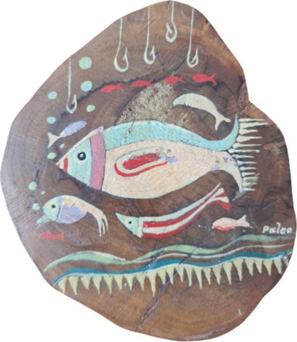 Edi Antik Ağaç Üzeri El Çizimi Balık İmzalı. Paleo İmzalı Kalın Ahşap 9X11Cm Boyunda. El Çizim Ve Boyama - Image 1