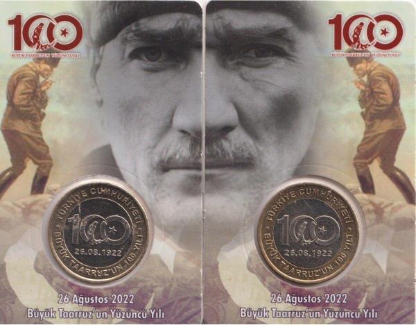 Edi Antik 2 Adet Büyük Taaruzun 100.Yılı Hatıra Parası Özel Folderinde - Image 1
