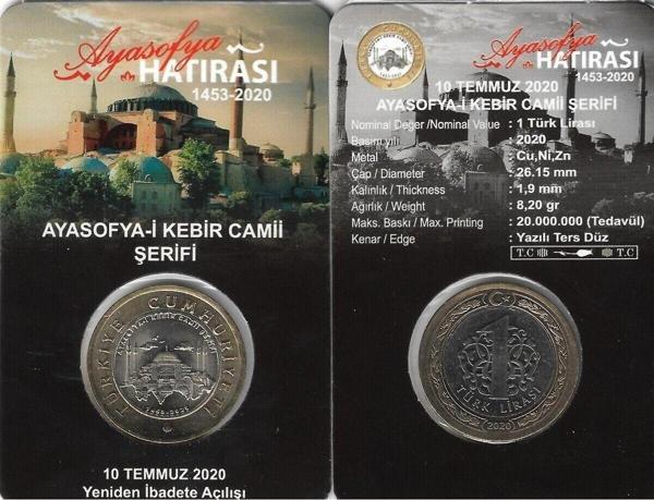 Edi Antik Ayasofya-İ Kebir Camii Şerifi Yeniden Ibadete Açılışı 1 Türk Lirası 2020 Hatıra Para Kitinde - Image 1