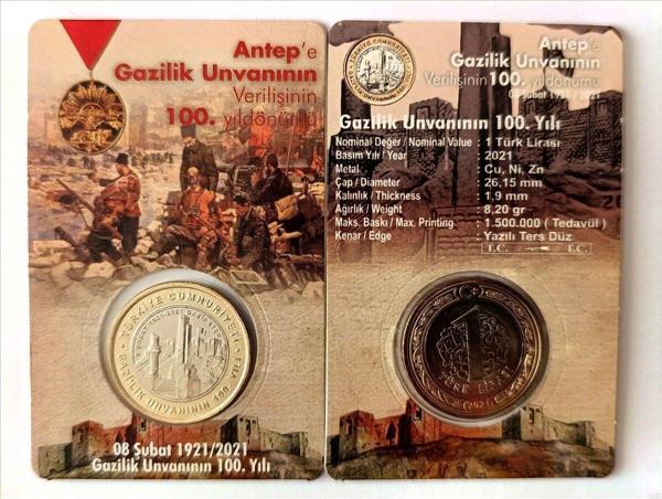 Edi Antik Gaziantep’E Gazilik Ünvanı’Nın Verilişi’Nin 100. Yıl Dönümü 1 Türk Lirası Hatıra Para Özel Kitinde - Image 1