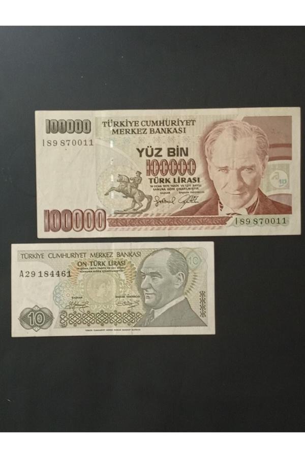 Edi Antik 7. Emisyon 100.000 Ve 10 Türk Lirası. Eski Koleksiyon Kağıt Para. - Image 1