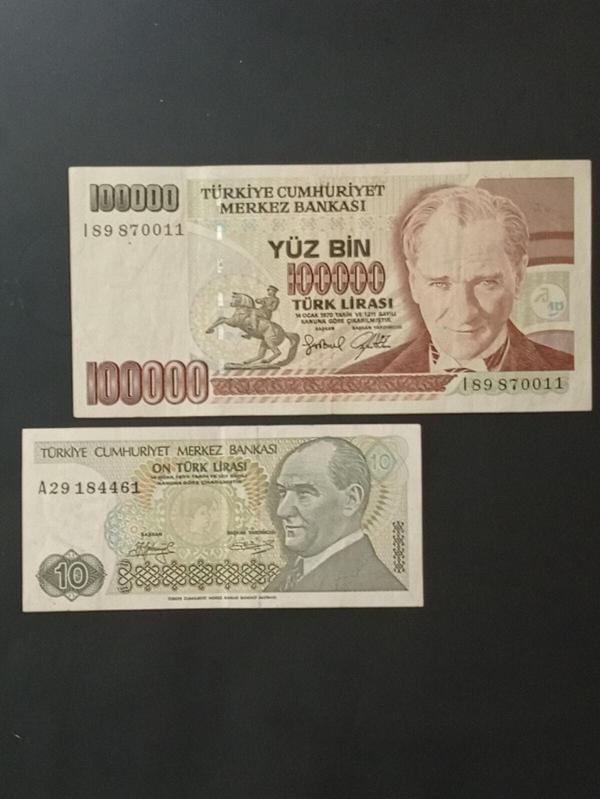 Edi Antik 7. Emisyon 100.000 Ve 10 Türk Lirası. Eski Koleksiyon Kağıt Para. - Image 1