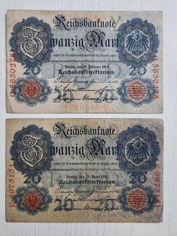 Edi Antik 1910 Ve 1914 Yılına Ait Alman Markı, Alman 20 Mark, Eski Alman. 2 Adet Ürün - Image 1