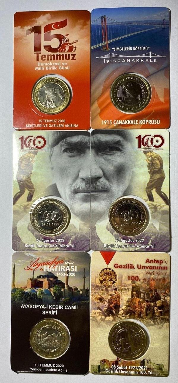 Emir Collectıon 6 'Lı Hatıra 1 Lira Para Kiti Seti, Ayasofya, Antep, Çanakkale, 15 Temmuz, 2'Li Büyük Taarruz Çil - Image 1