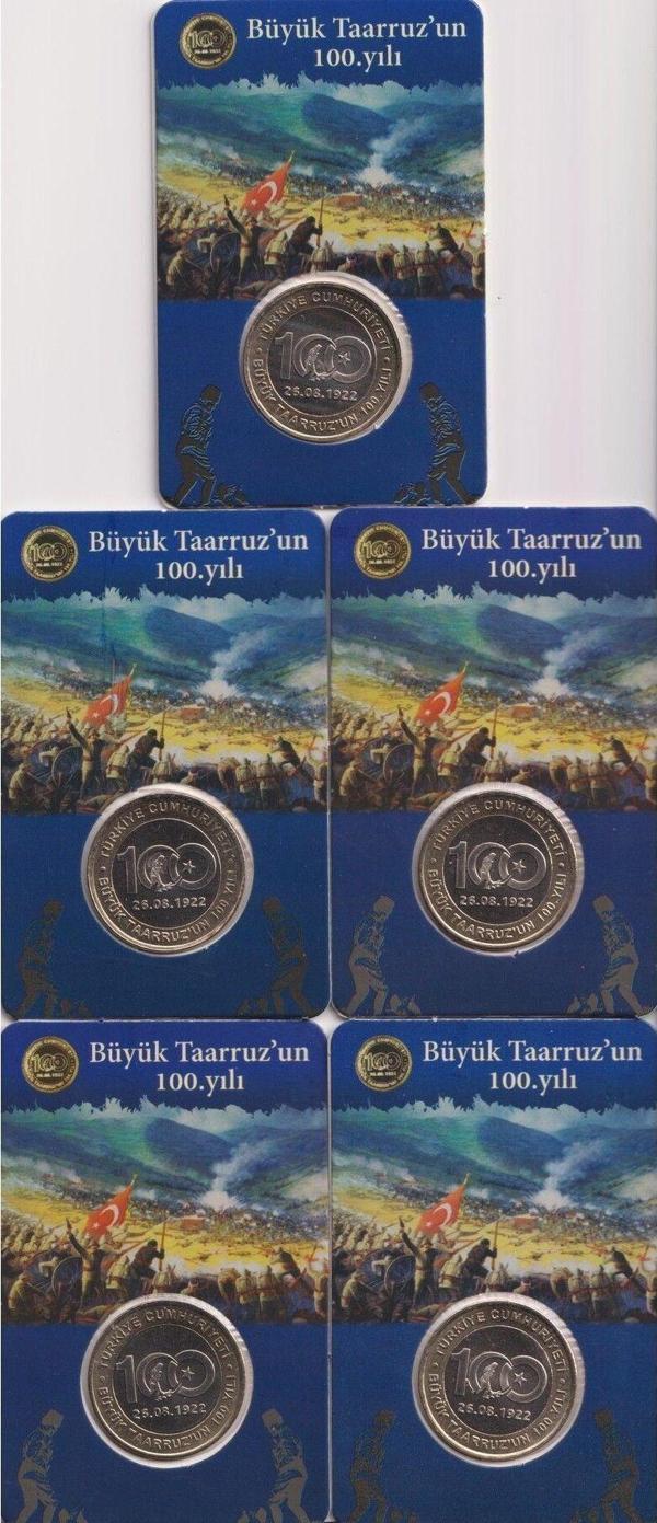 Edi Antik 5 Adet Büyük Taarruzun 100.Yılı Hatıra Parası Özel Folderinde Çil - Image 1