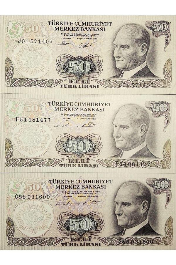 Edi Antik 6. Emisyon 50 Türk Lirası. 3 Adet Değışık Harf Eski Koleksiyon Kağıt Para. Hobi Kağıt Para. - Image 1