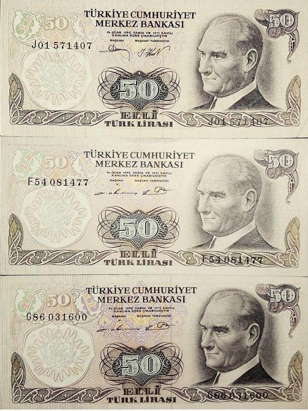 Edi Antik 6. Emisyon 50 Türk Lirası. 3 Adet Değışık Harf Eski Koleksiyon Kağıt Para. Hobi Kağıt Para. - Image 1