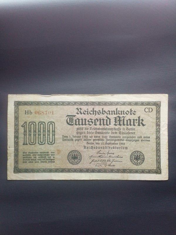 Yedi Otuz Almanya 1000 Mark 1922 Eski Koleksiyon Yabancı Kağıt Para. Koleksiyon Başlangıç Setleri. - Image 1