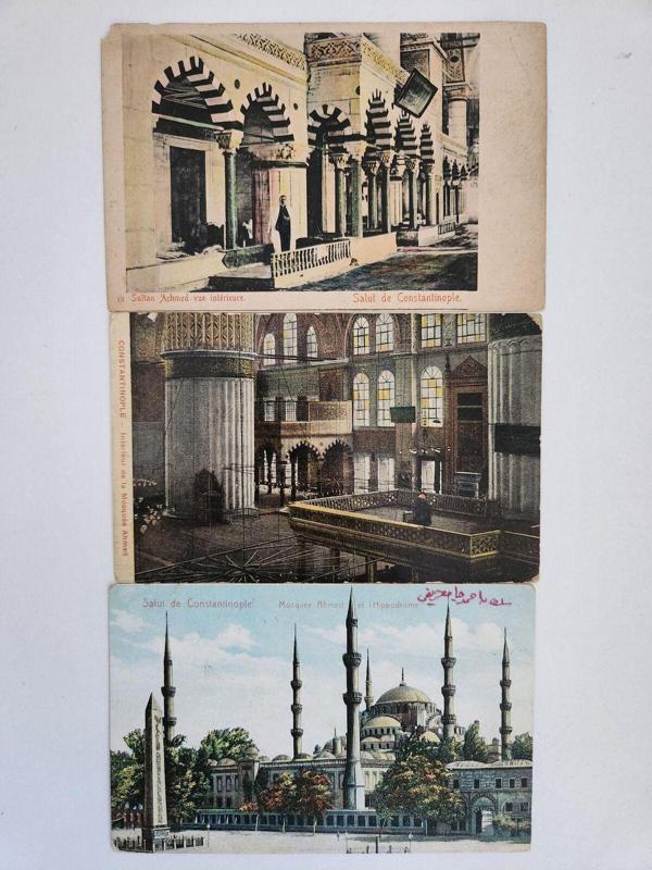 Edi Antik 3 Adet Osmanlıca İstanbul Camileri. Orijinal Osmanlı Dönemine Ait Osmanlıca Yazılı Kartpostal. - Image 1