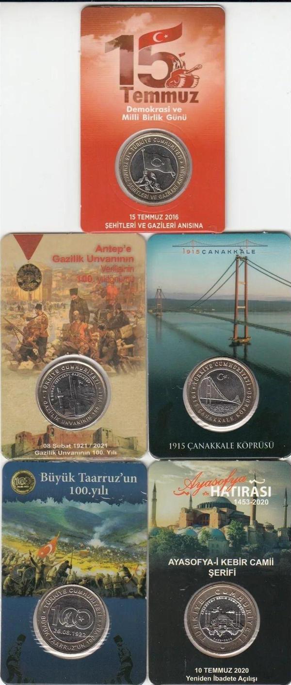 Edi Antik 5''Li Hatıra 1 Lira Para Kiti Seti, Ayasofya, Antep, Çanakkale, 15 Temmuz, Büyük Taaruz "Çil" - Image 1
