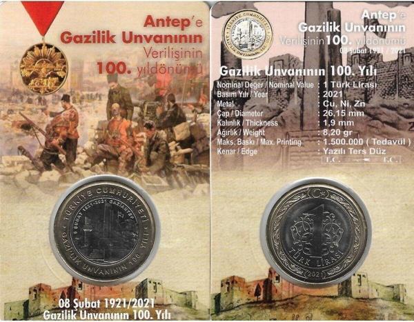 Emir Collectıon Gaziantep’E Gazilik Ünvanı’Nın Verilişi’Nin 100. Yıl Dönümü 2021 Yılı 1 Lira Hatıra Para Ve Kiti - Image 1