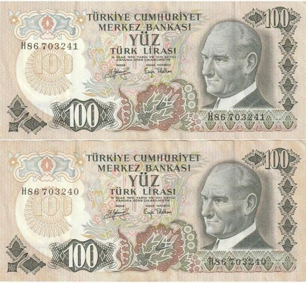 Edi Antik 6. Emisyon 100 Türk Lirası Seri Takipli Ççt+ Eski Kağıt Para - Image 1