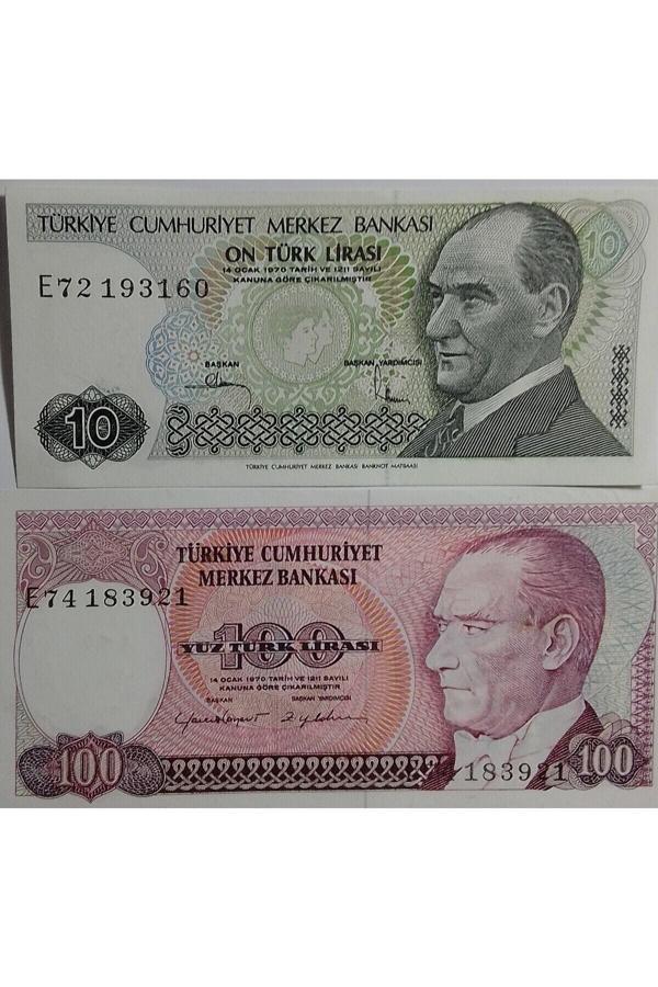 Edi Antik E Serisi 7. Emisyon 10 Ve 100 Türk Lirası Eski Koleksiyon Kağıt Para. Hatıra Para. - Image 1