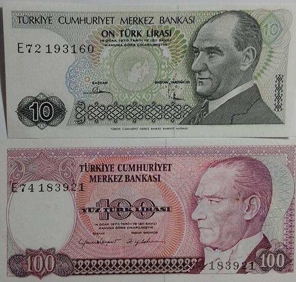 Edi Antik E Serisi 7. Emisyon 10 Ve 100 Türk Lirası Eski Koleksiyon Kağıt Para. Hatıra Para. - Image 1