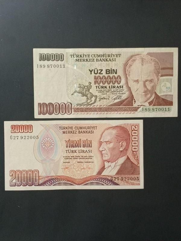 Edi Antik 7. Emisyon 100.000 Ve 20.000 Türk Lirası. Eski Koleksiyon Kağıt Para. - Image 1
