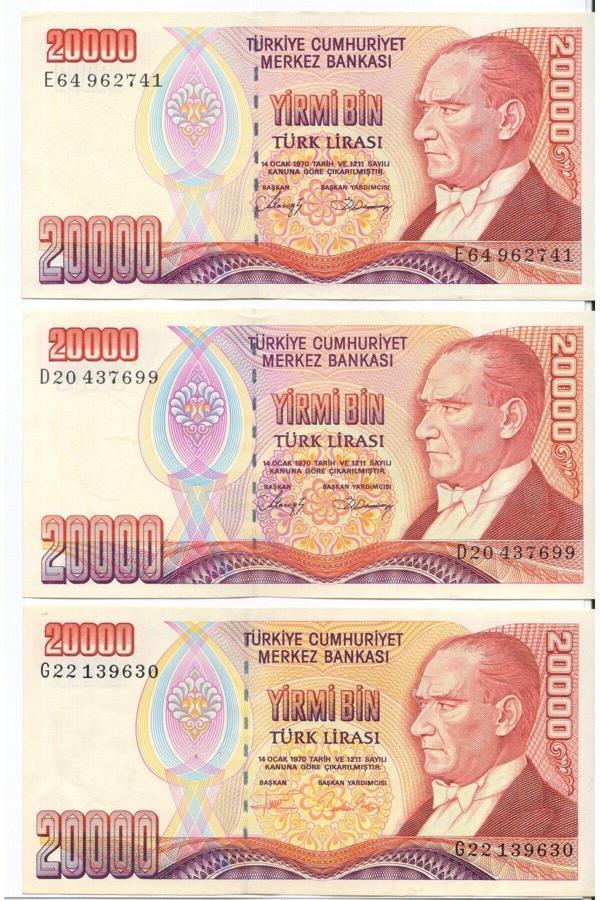 Edi Antik 7. Emisyon 20.000 Lira Kağıt Para 3 Adet Çil Ve Çil Altı Kondisyon Görseldeki Ürün - Image 1