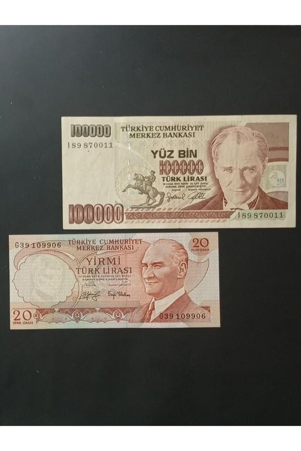 Edi Antik 6. Emisyon 20 Türk Lirası 7. Emisyon 100.000 Türk Lirası Eski Koleksiyon Kağıt Para. - Image 1