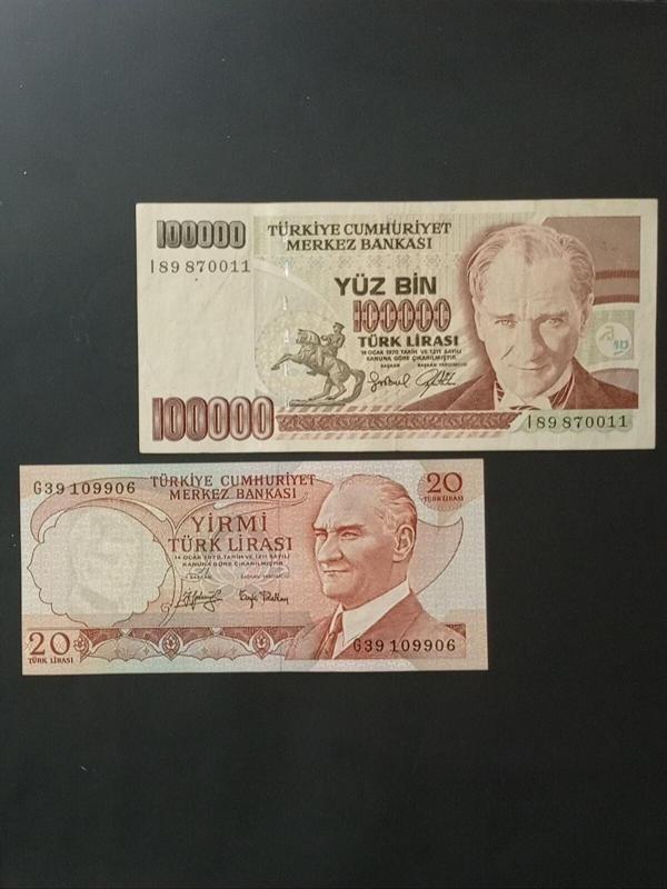 Edi Antik 6. Emisyon 20 Türk Lirası 7. Emisyon 100.000 Türk Lirası Eski Koleksiyon Kağıt Para. - Image 1
