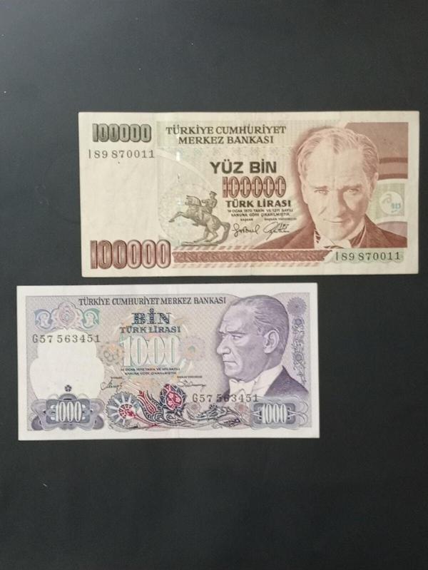Edi Antik 7. Emisyon 100.000 Ve 1.000 Türk Lirası. Eski Koleksiyon Kağıt Para. - Image 1