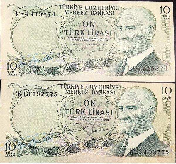 Edi Antik 6. Emisyon 10 Türk Lirası. 2 Adet Değışık Harf Eski Koleksiyon Kağıt Para. Hobi Kağıt Para. - Image 1