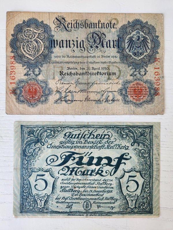 Edi Antik Alman Eski Dönem Mark Seti. 1910 Ve 1918 Tarihli 20 Ve 5 Mark - Image 1