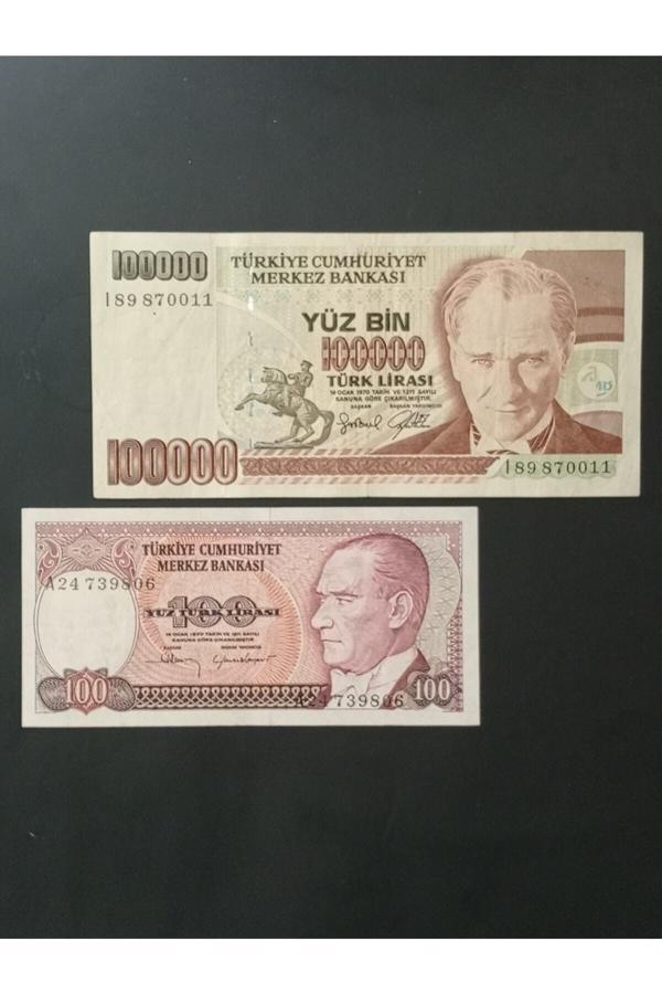 Edi Antik 7. Emisyon 100.000 Ve 100 Türk Lirası. Eski Koleksiyon Kağıt Para. - Image 1