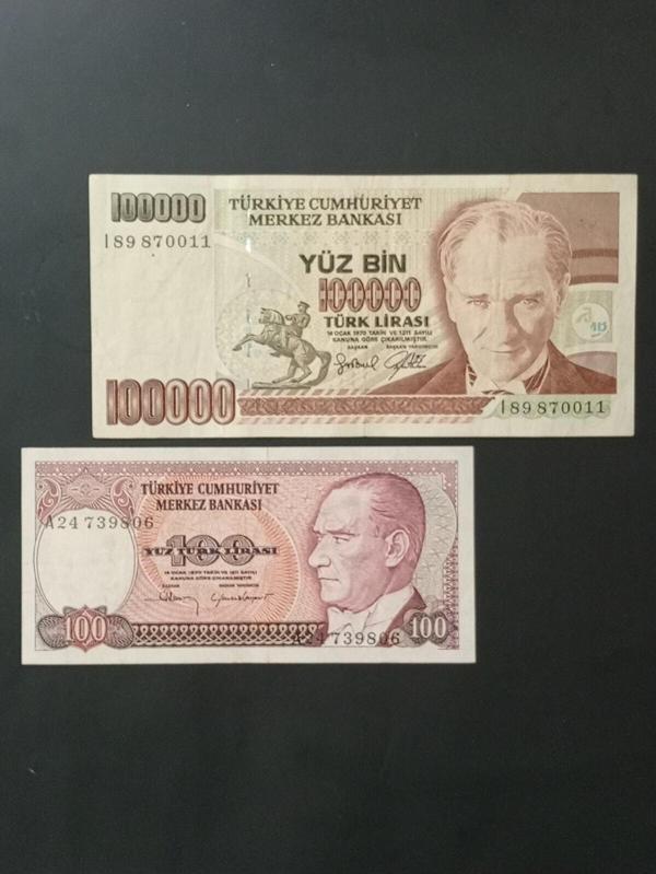 Edi Antik 7. Emisyon 100.000 Ve 100 Türk Lirası. Eski Koleksiyon Kağıt Para. - Image 1