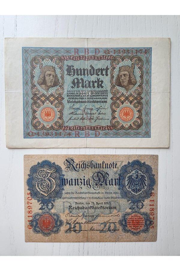 Edi Antik Alman Eski Dönem Mark Seti. 1910 Ve 1920 Tarihli 100 Ve 20 Mark. - Image 1